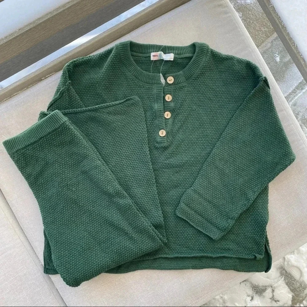 Free People Hailee Sweater Set Two Piece Matching Pants Top in Dark Green